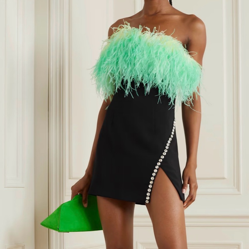 Self-Portrait Feather-trimmed crystal-embellished crepe mini dress